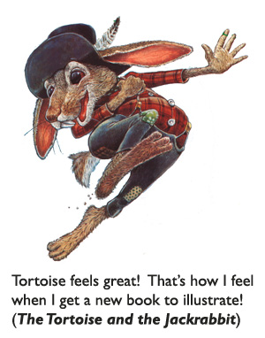 ‘Tortoise Feels Great!’  from The Tortoise and the Jackrabbit, the popular Southwestern fairytale version of Aesop’s Tortoise and the Hare, illustrated by Jim Harris.
